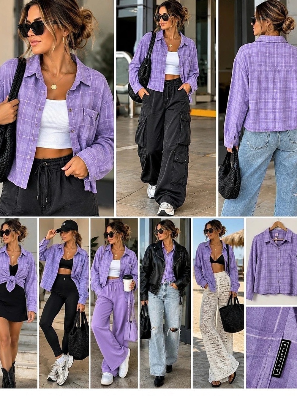 Savage x Fenty Purple Plaid Cropped Button Down Size Small